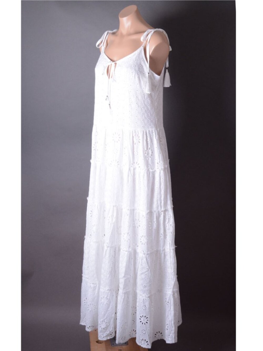 White Tiered Crochet Eyelet Fringe Bohemian Sleeveless Bow Summer Long Dress - Picture 7 of 11